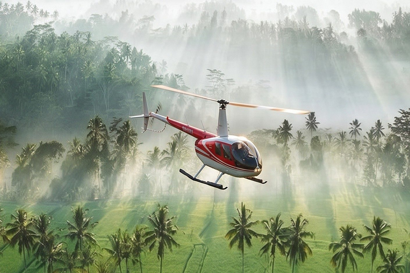 A private helicopter over the Jatiluwih rice terraces