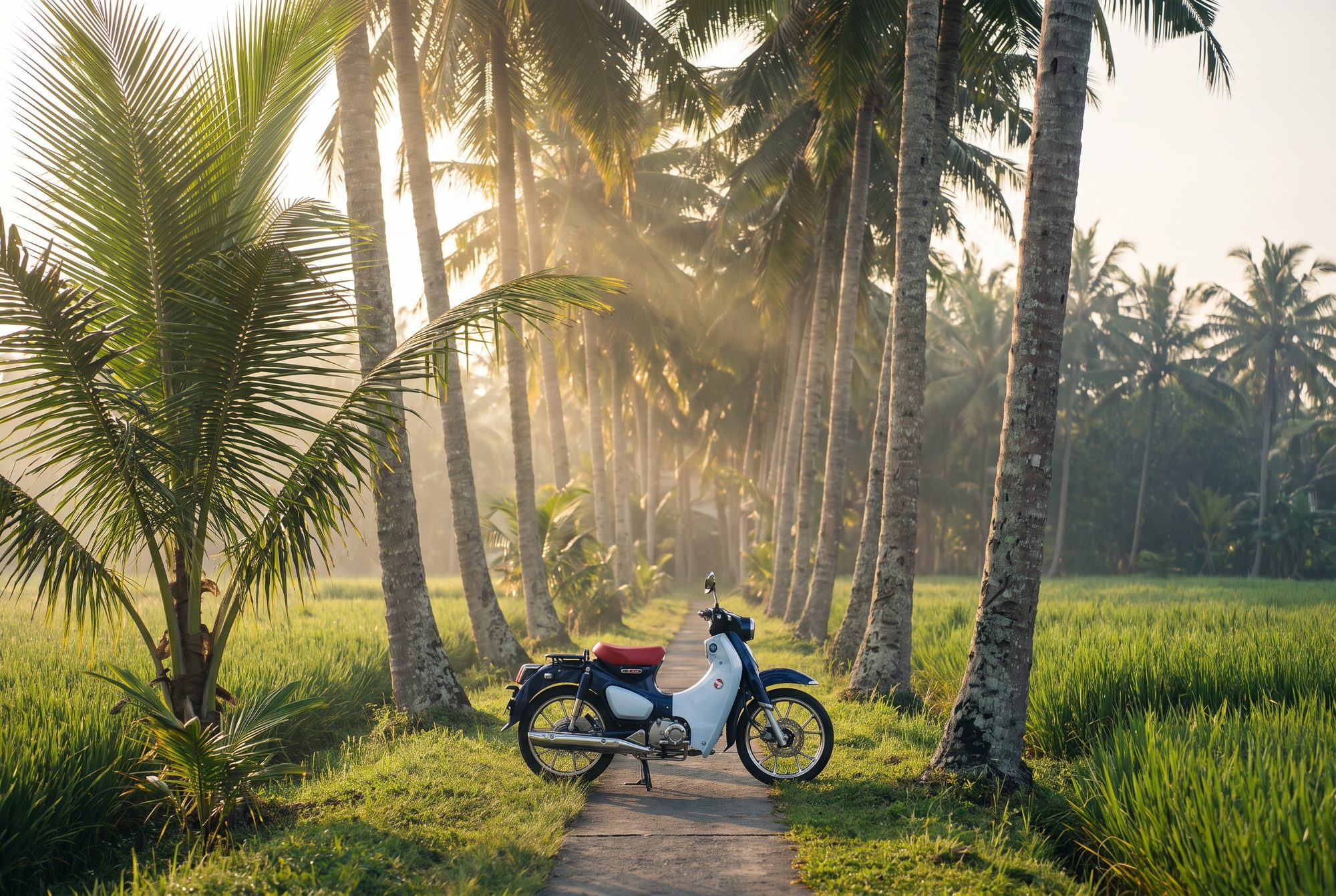 A classic Honda Super Cub on a palm-lined Bali road
