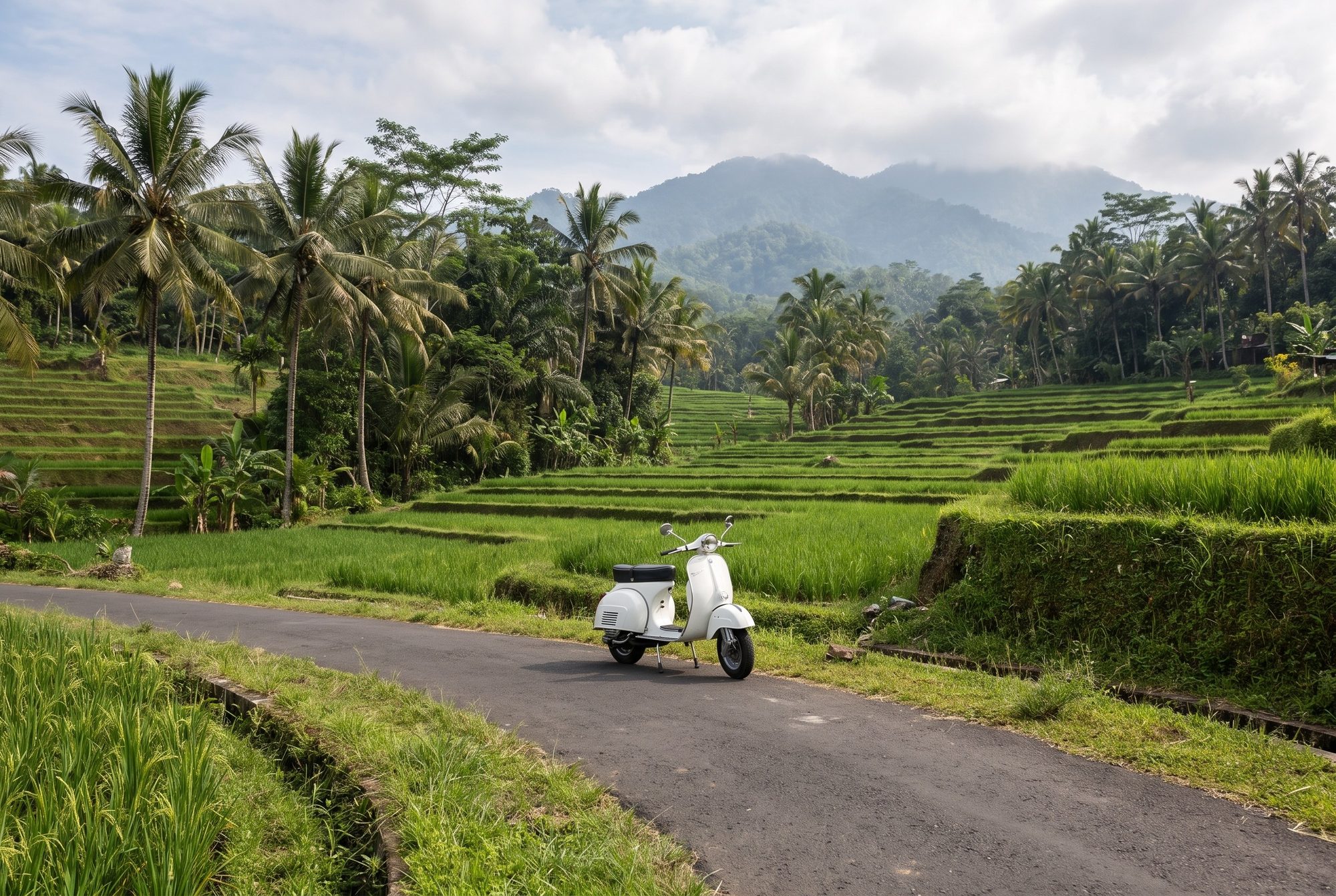 A classic white Vespa on a rice terrace road near Ubud