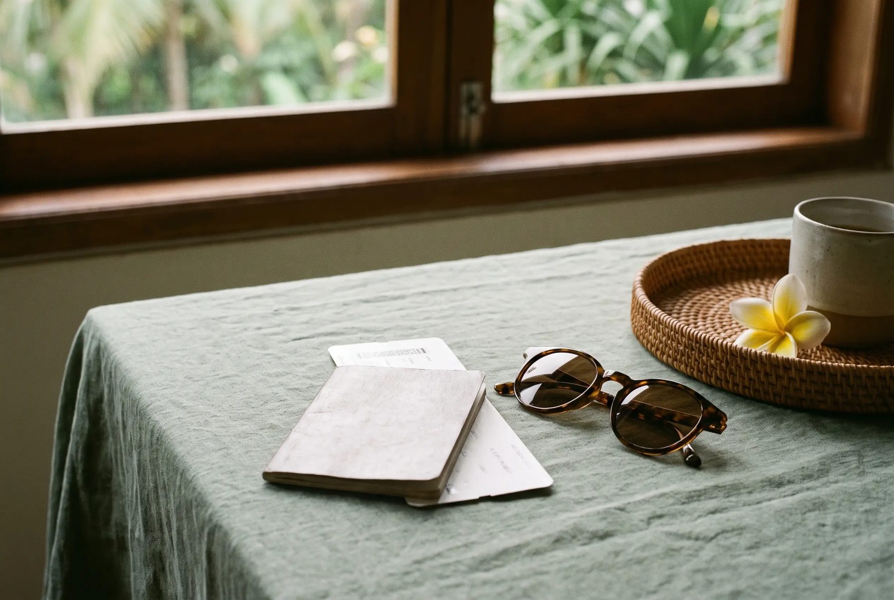 A passport and boarding pass resting on sage linen by a window