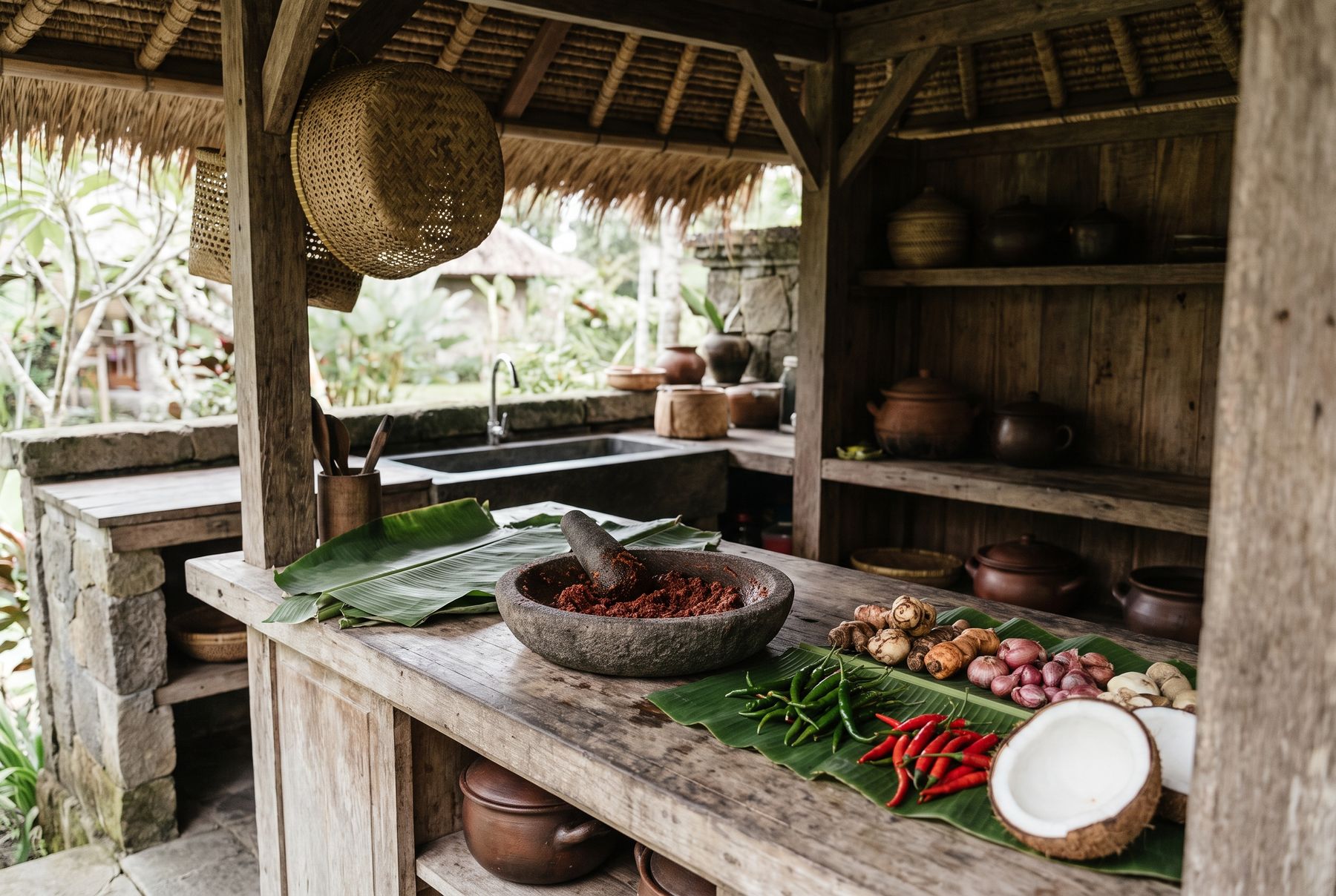 A family kitchen in Bali, spice paste on a stone