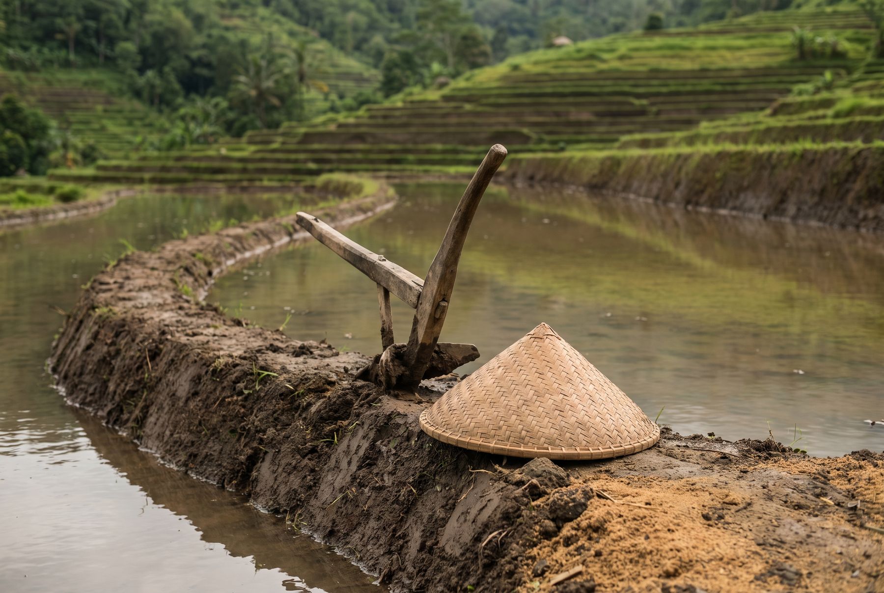 Farmers working a terraced rice paddy at first light