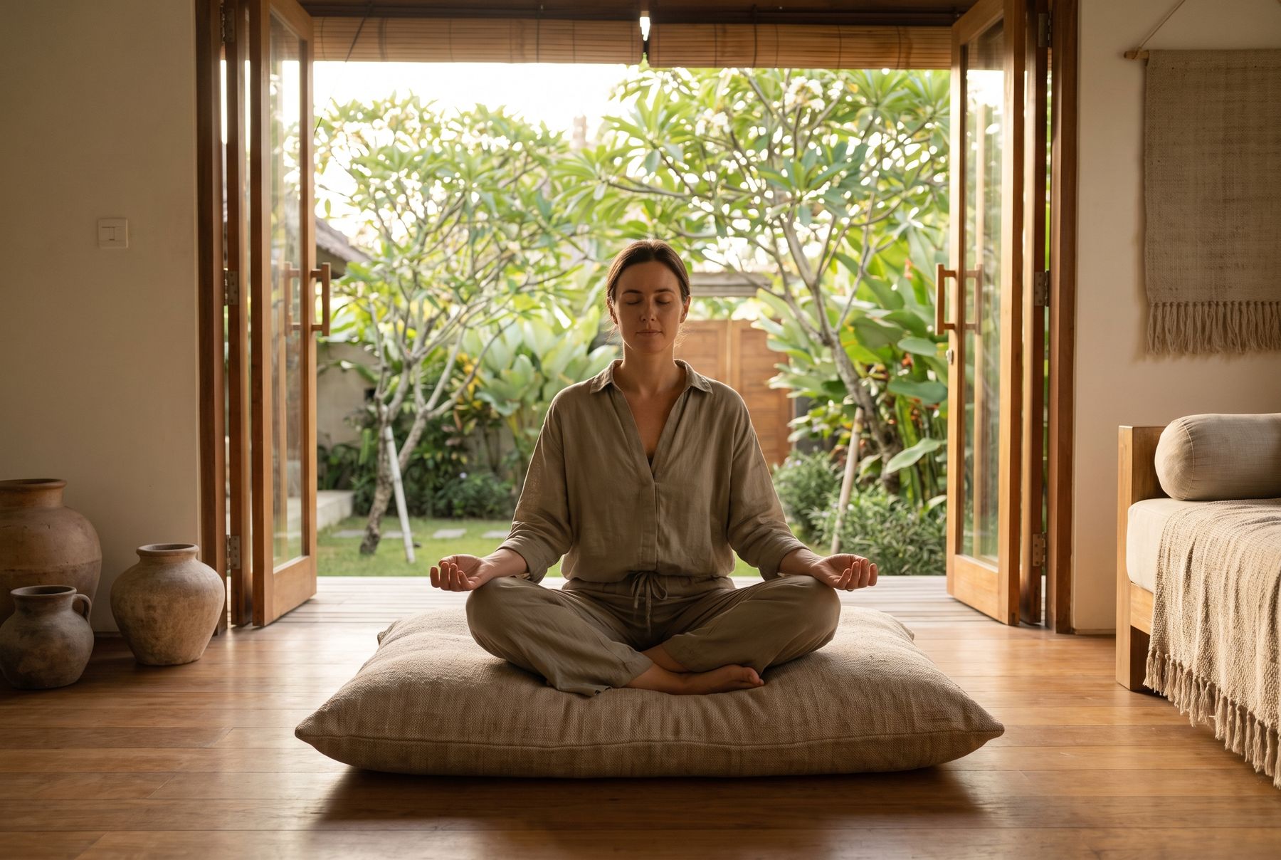 A quiet room in a villa prepared for breathwork