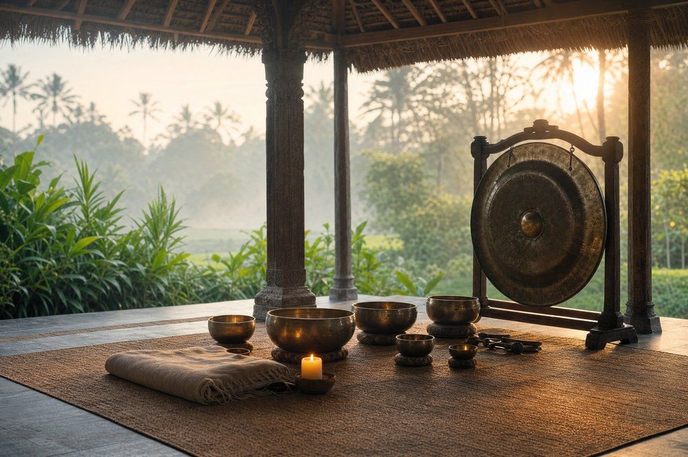A cushion and a candle at first light in Ubud