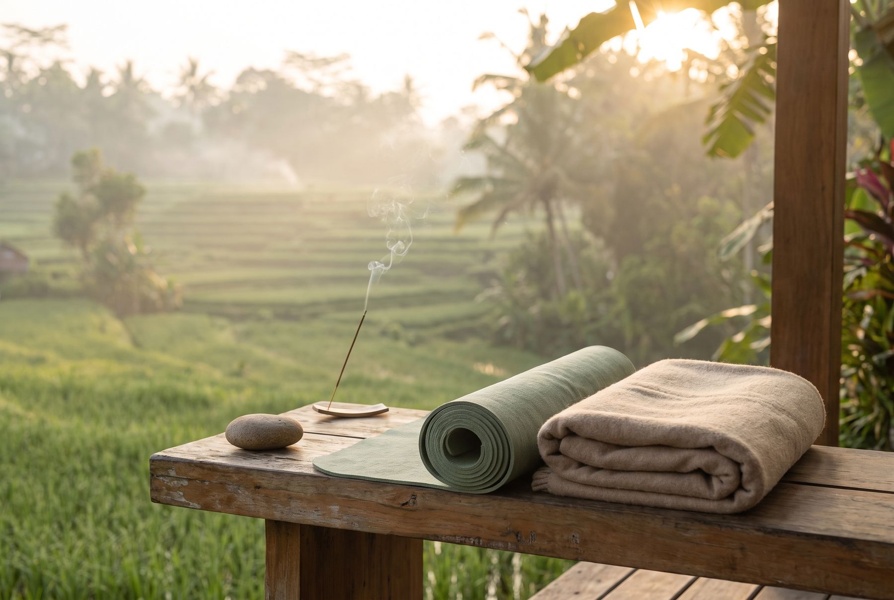 A yoga mat laid out on a villa deck at morning