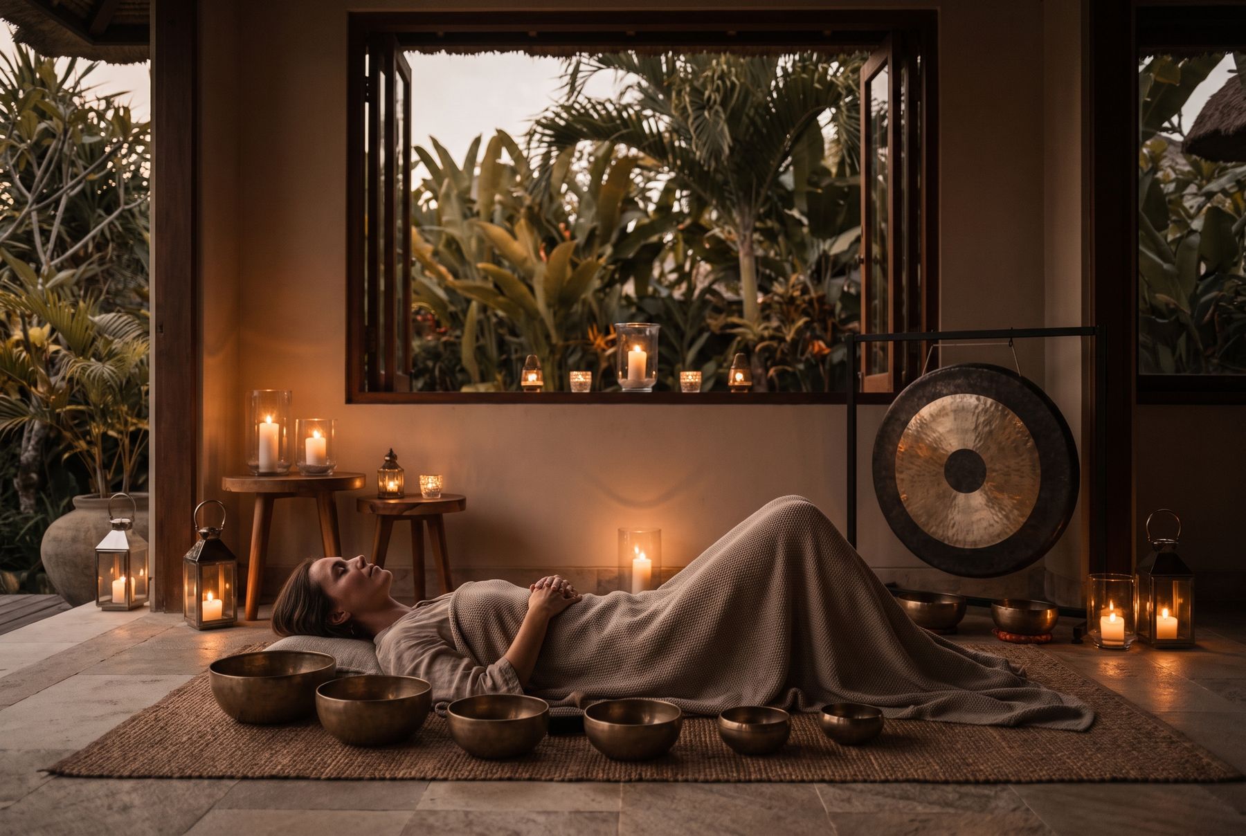 Singing bowls set out for a sound bath in a villa